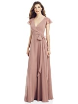 Bridesmaids Dress: After Six Bridesmaids SPRING 2020 - 6817 - Flutter Sleeve Faux Wrap Chiffon Gown with Sash