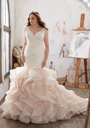 Wedding Dress - Mori Lee Julietta SPRING 2017 Collection: 3216 - Mildred - Frosted Alençon Lace Appliqués with Flounced Organza Skirt | PlusSize Bridal Gown