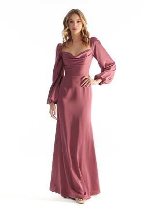 Special Occasion Dress - Morilee Bridesmaids Collection: 31221 - Long Sleeve Luxe Satin Bridesmaid Dress with Cowl Neck | MoriLee Prom Gown